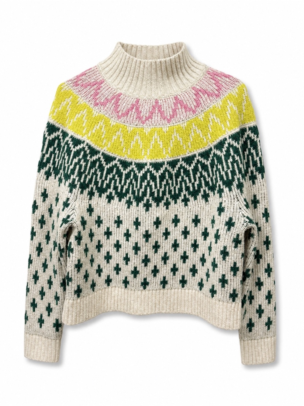 Old Navy SoSoft Fair Isle Mock Neck Sweater Cream Green Pink Yellow L